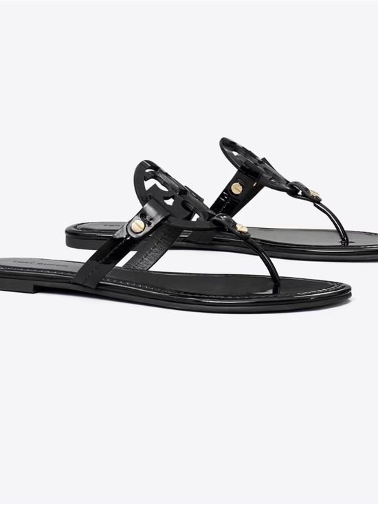 Tory Burch Shoes - Tory Burch Black Patent Leather Logo Thong Sandals with Gold Accents